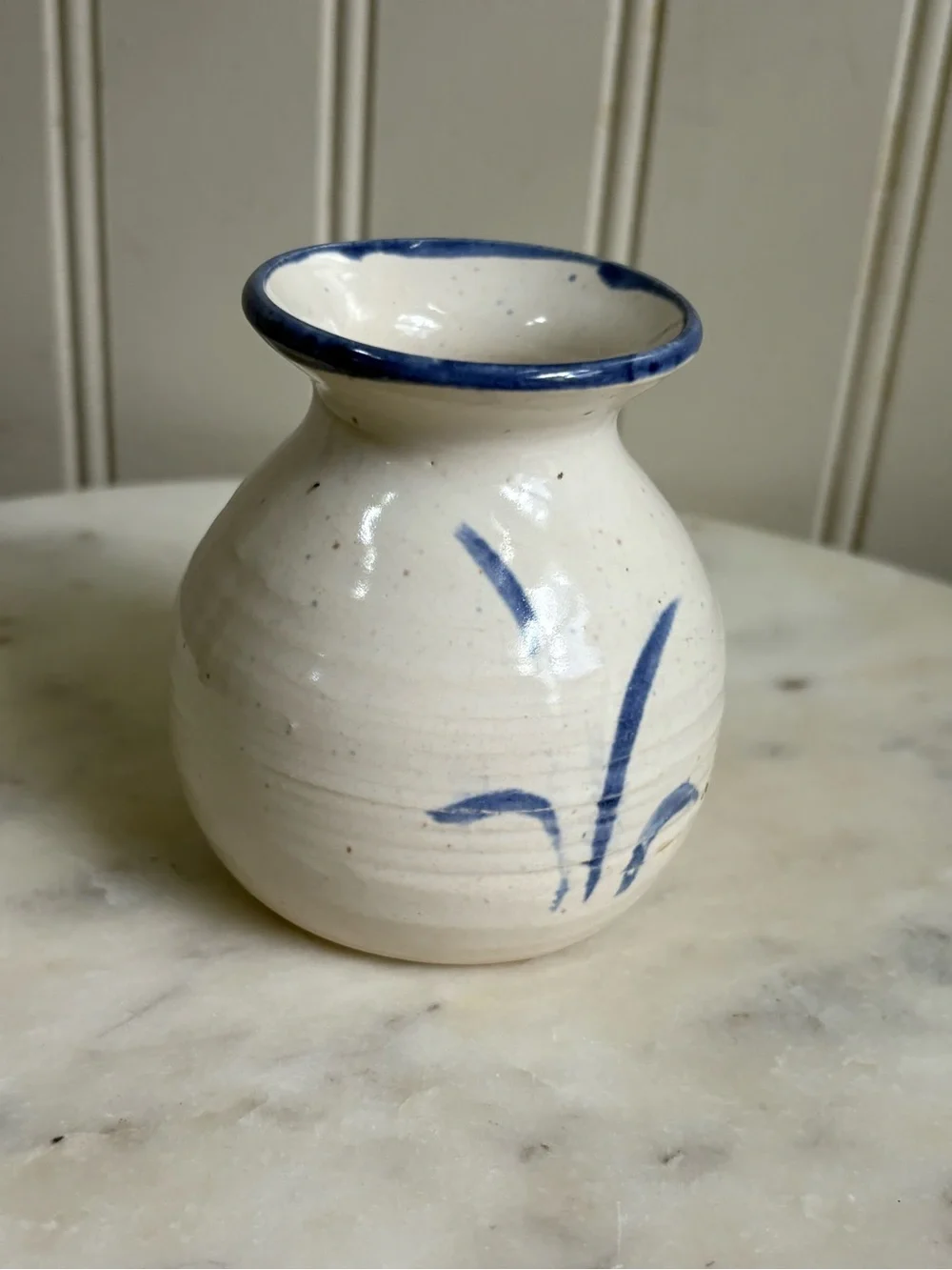 Vintage Nancy Postma Stoneware Studio Pottery Bud Vase White & Blue Handmade VTG